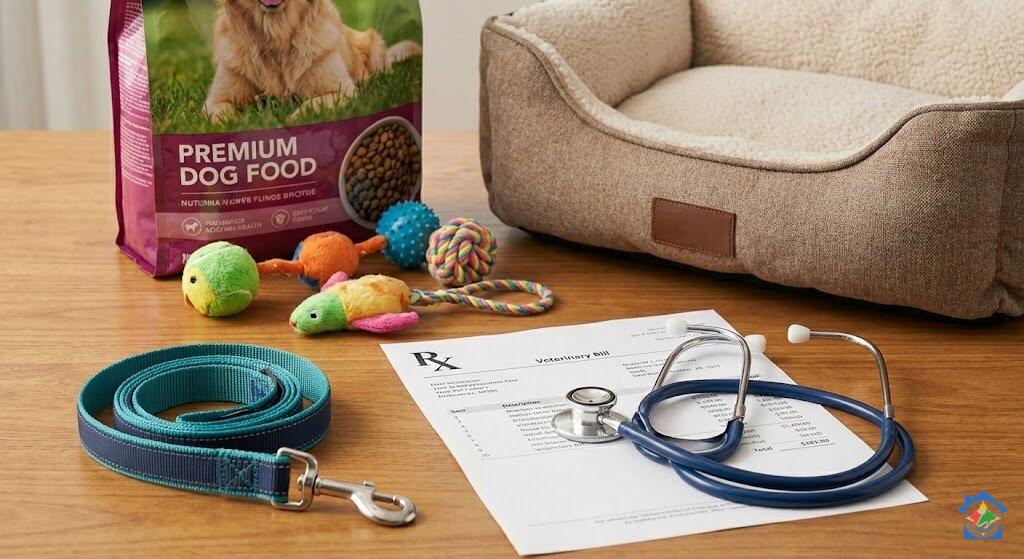 Prikaz Osnovnih Troškova Za Psa Na Stolu: Vreća Premium Hrane, Krevetić, Povodac, Igračke, Te Stetoskop I Veterinarski Račun Koji Ukazuju Na Financijske Obaveze Vlasnika.